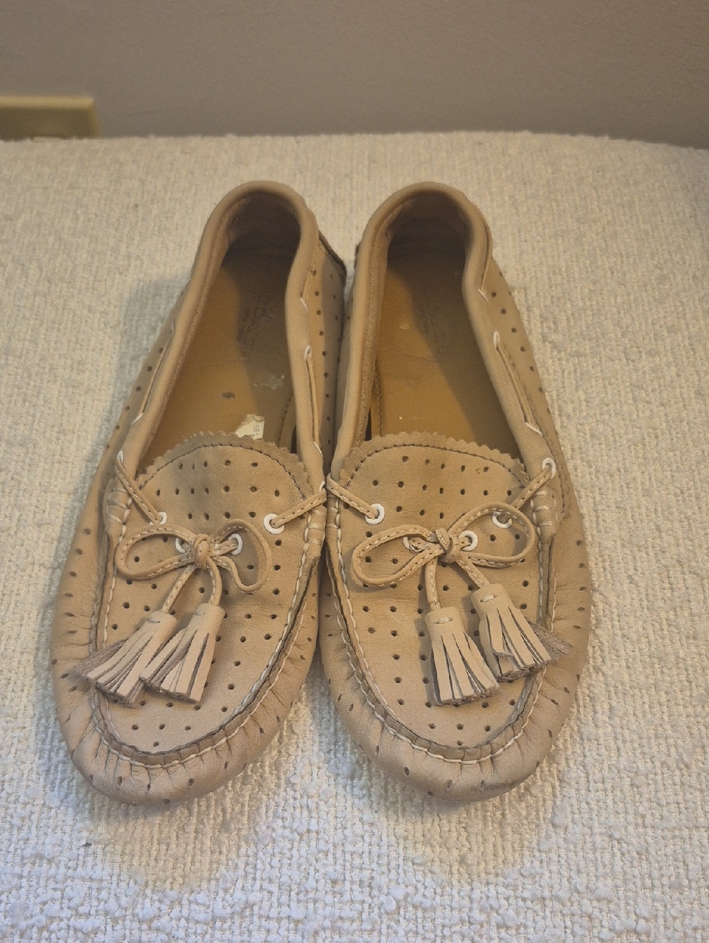 Coach Women's Tassel Perforated Suede Moccasins in Light Tan